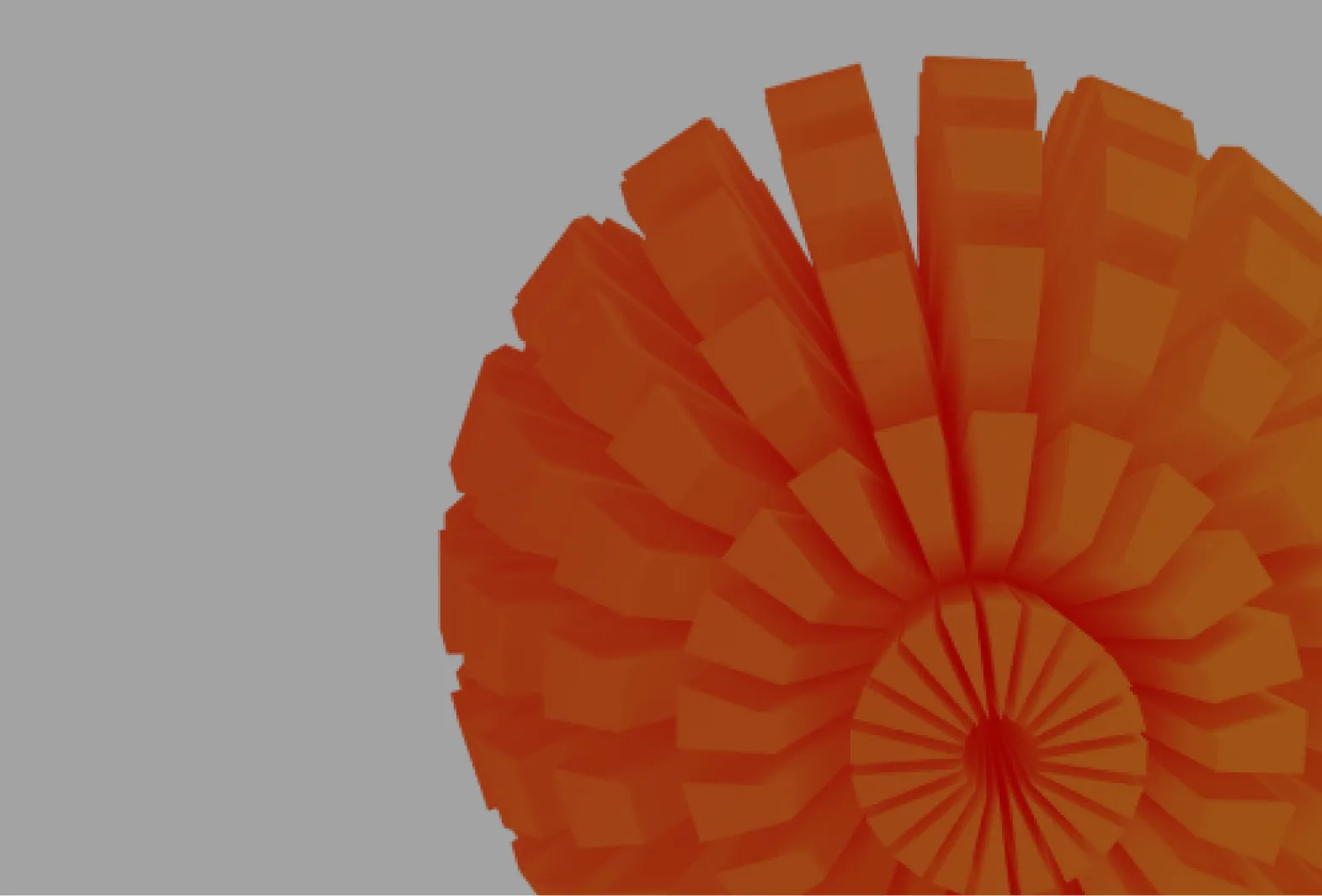 Close-up of a 3D orange spiral staircase with rectangular steps against a gray background.