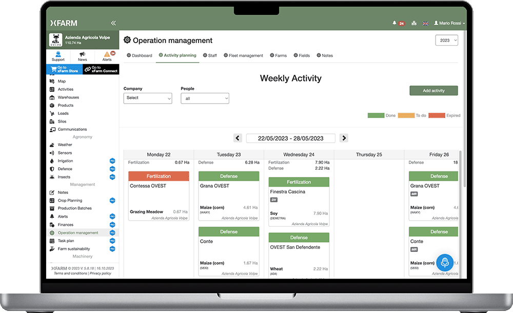 Verwaltung der Aktivitäten für deine landwirtschaftlichen Felder per xFarm App