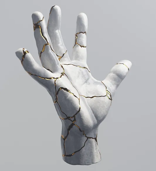 Статуя руки раскололась на части. После этого её починили с помощью метода кинцуги 