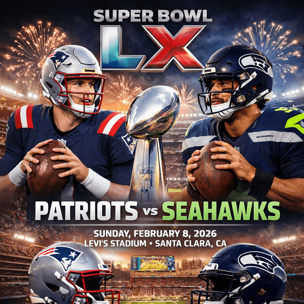 Super Bowl LX matchup between the New England Patriots and Seattle Seahawks at Levi’s Stadium in Santa Clara