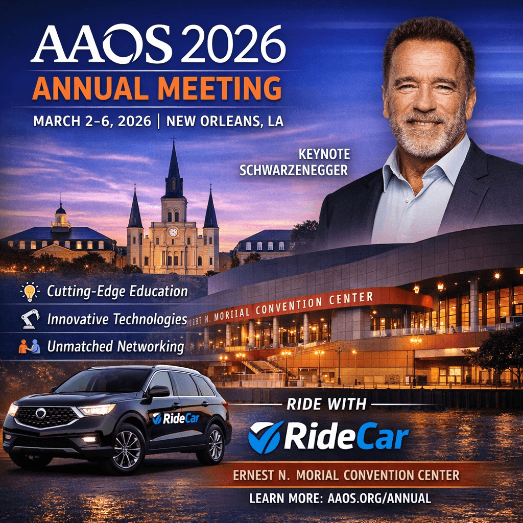 AAOS 2026 Annual Meeting in New Orleans highlighting orthopedic innovation, medical education sessions, global networking, and professional conference transportation by RideCar.