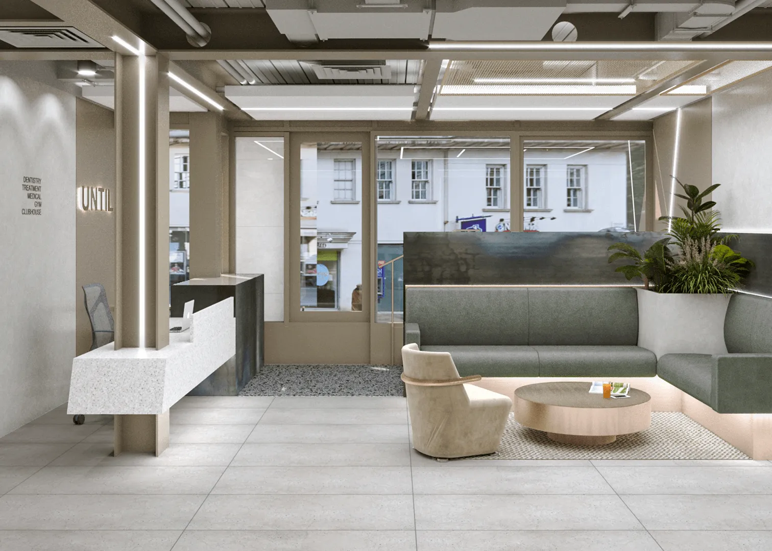 Modern waiting area with beige armchair, round wooden coffee table, green L-shaped sofa, and reception desk under soft lighting.