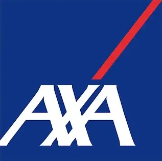 AXA logo with white letters on a blue background and a red diagonal line above.