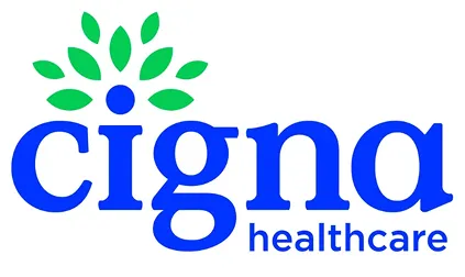 Cigna healthcare logo with blue text and green leaf design above the letter i.