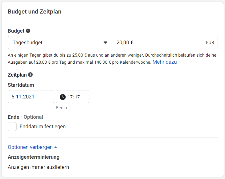 Facebook Werbeanzeigenmanager Tagesbudget