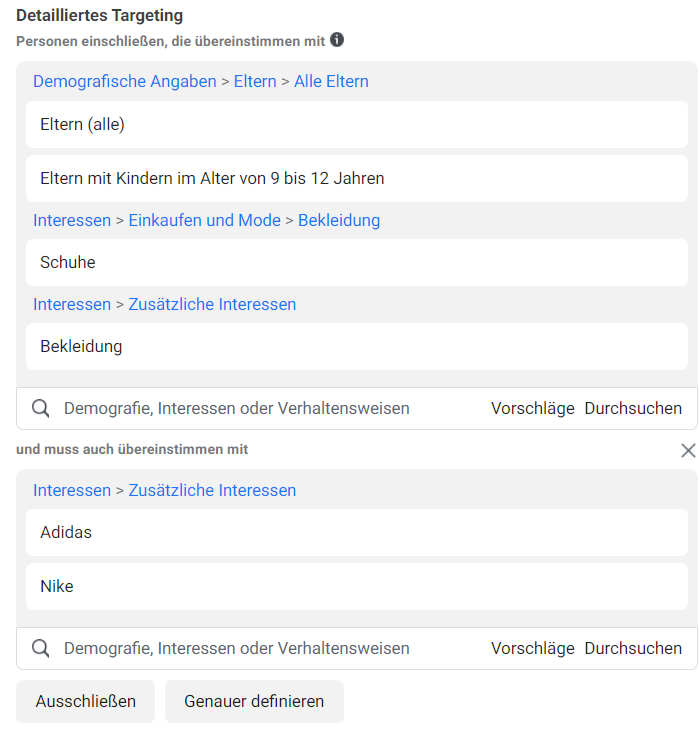 Facebook Werbeanzeigenmanager interessenbasierte Zielgruppen