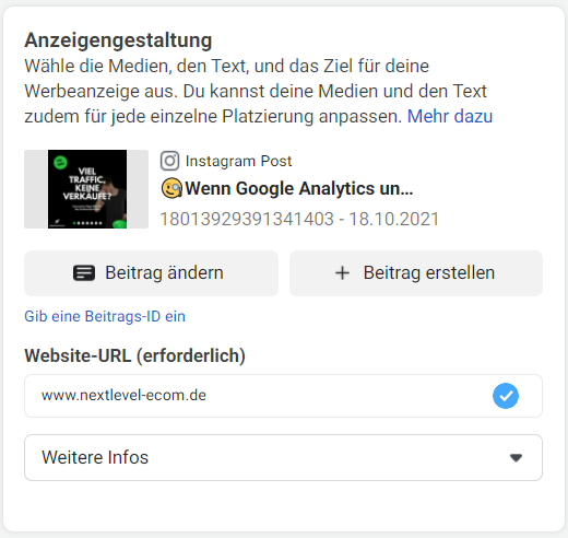 Facebook Werbeanzeigenmanager Vorhandener Beitrag