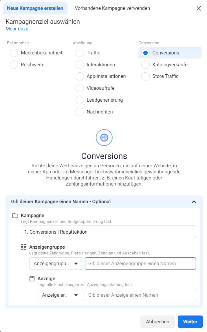 Facebook Werbeanzeigenmanager Kampagne benennen 1