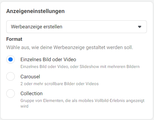 Facebook Werbeanzeigenmanager Formate