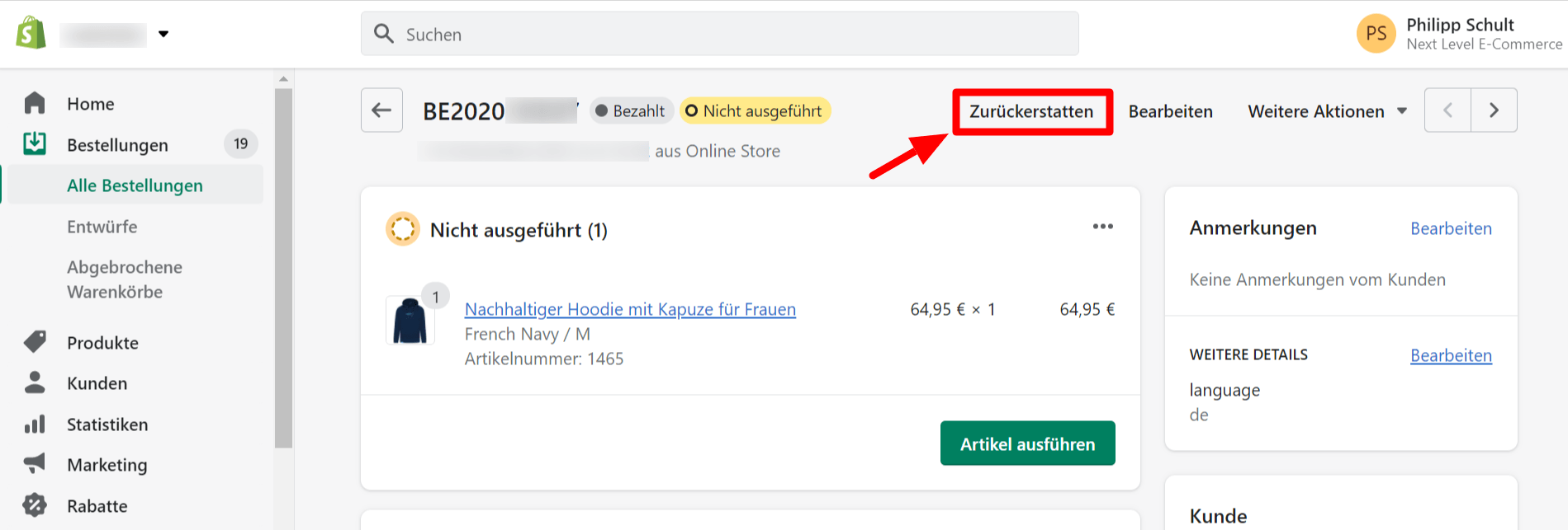 Wie führt man eine Erstattung durch - Zurückerstatten Button