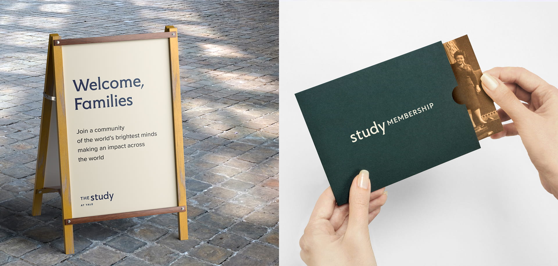 Two images side by side, sidewalk sign, welcoming familys to The Study at Yale, and hands holding green Study Membership invite