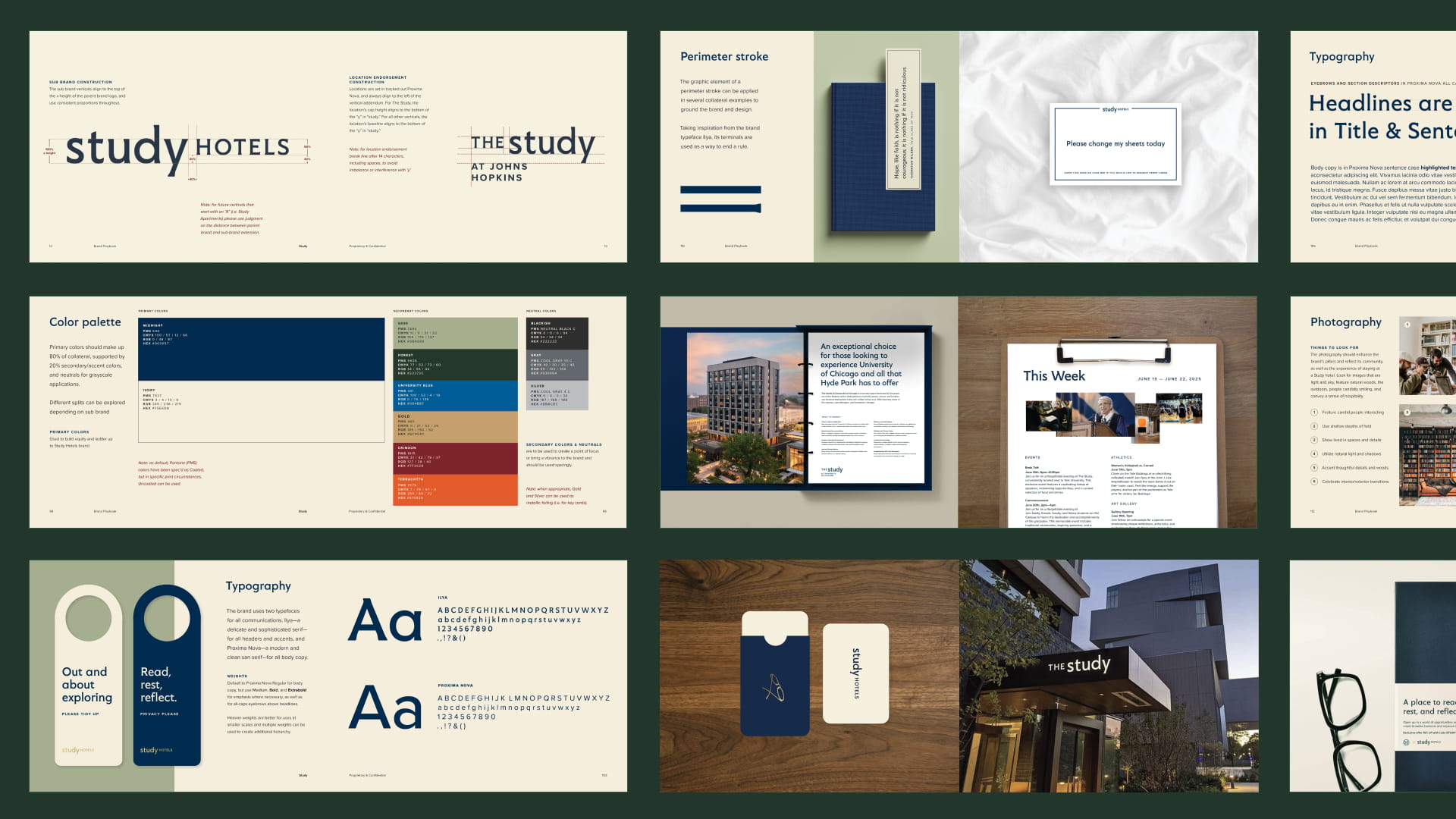 Collection of pages from brand guidelines book describing logo, type, and color use