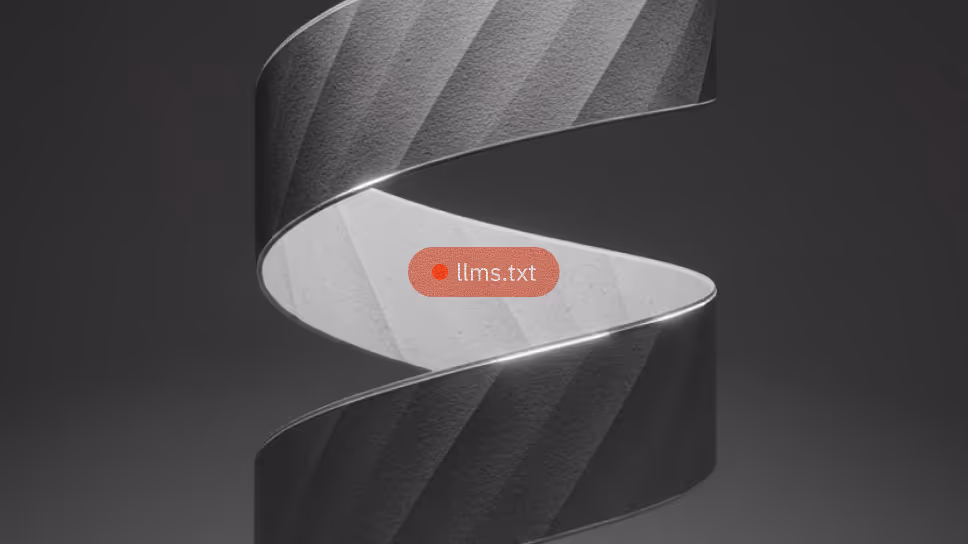 Abstract spiral ribbon with a red llms.txt label at the center, representing AI context files and machine-readable website guidance.