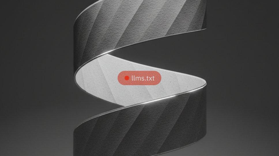 Abstract spiral ribbon with a red llms.txt label at the center, representing AI context files and machine-readable website guidance.
