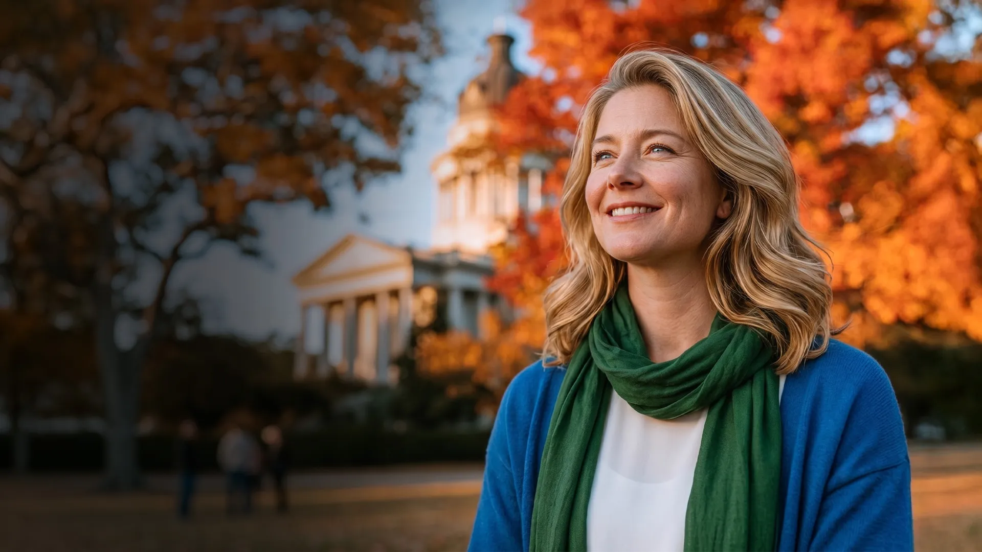 Smiling woman wearing green scarf and blue sweater with autumn trees and building in background.