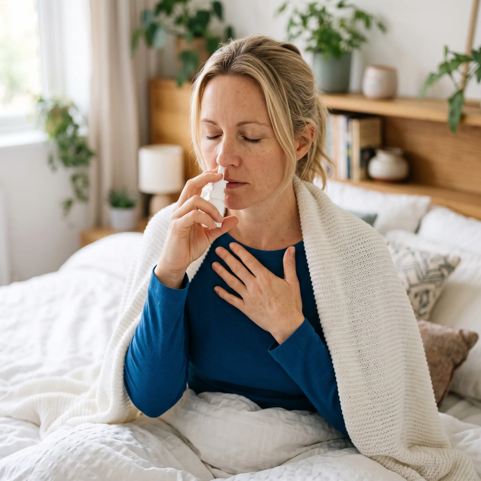 A woman sitting on a bed wrapped in a white blanket using a nasal spray with her eyes closed and one hand on her chest.