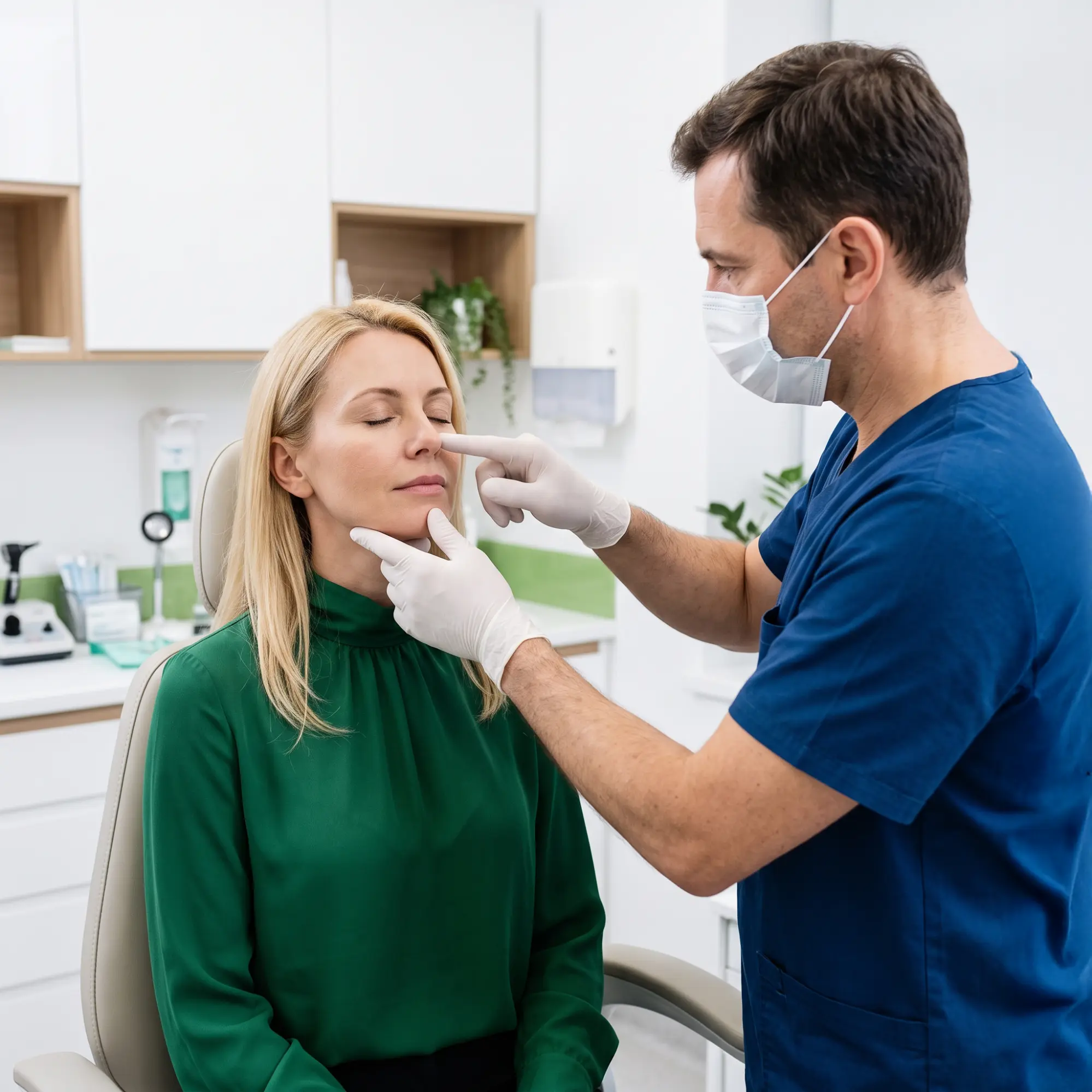 A masked male doctor wearing blue scrubs and gloves examines the nose of a seated woman with blonde hair and a green blouse in a clinical office.