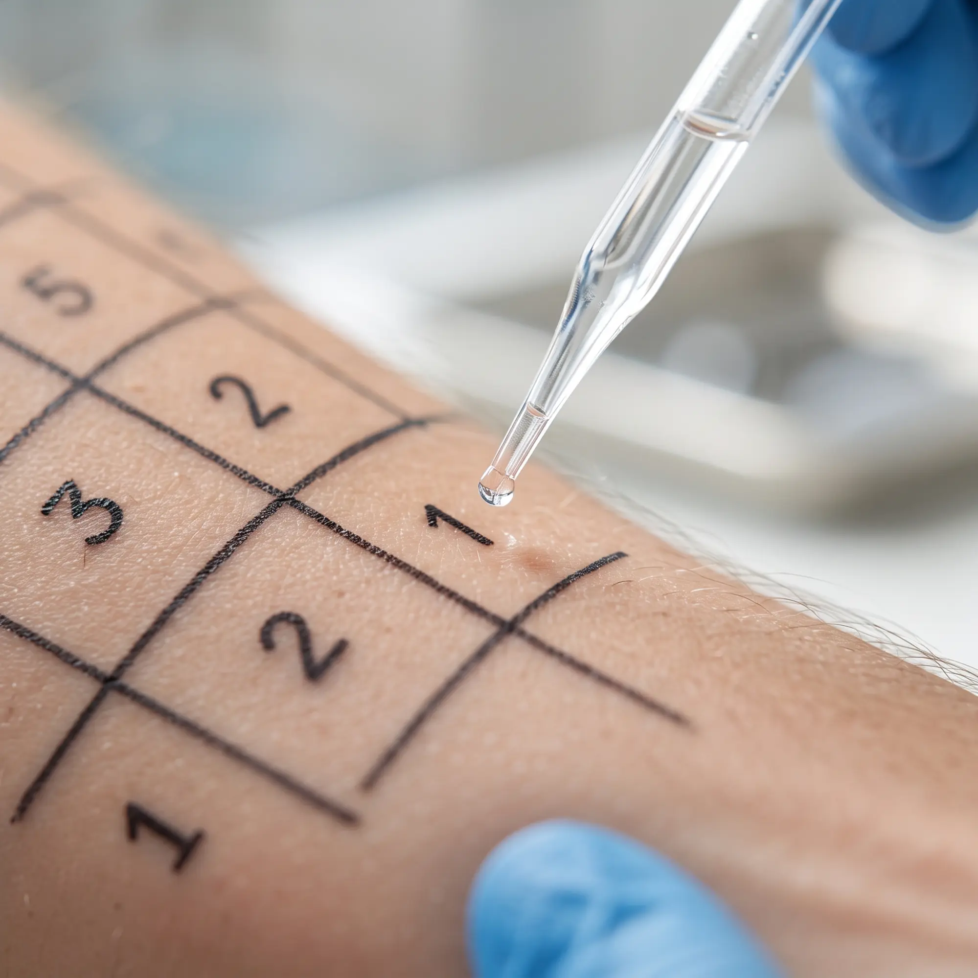 Close-up of an arm with a grid drawn on the skin numbered for allergy testing, a gloved hand holding a dropper applying liquid to a marked spot.