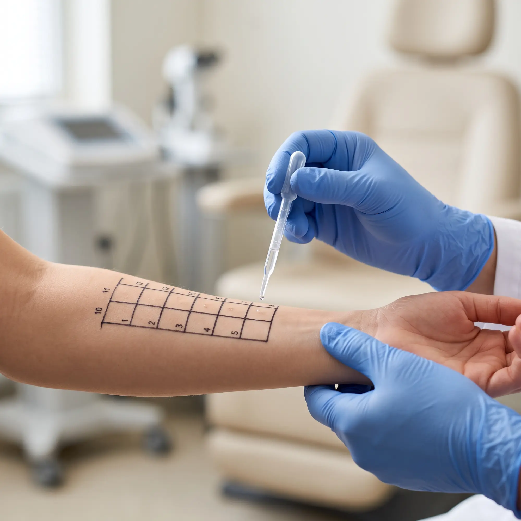 A medical professional wearing blue gloves applies drops on a patient's forearm marked with a numbered grid for allergy testing in a clinical setting.