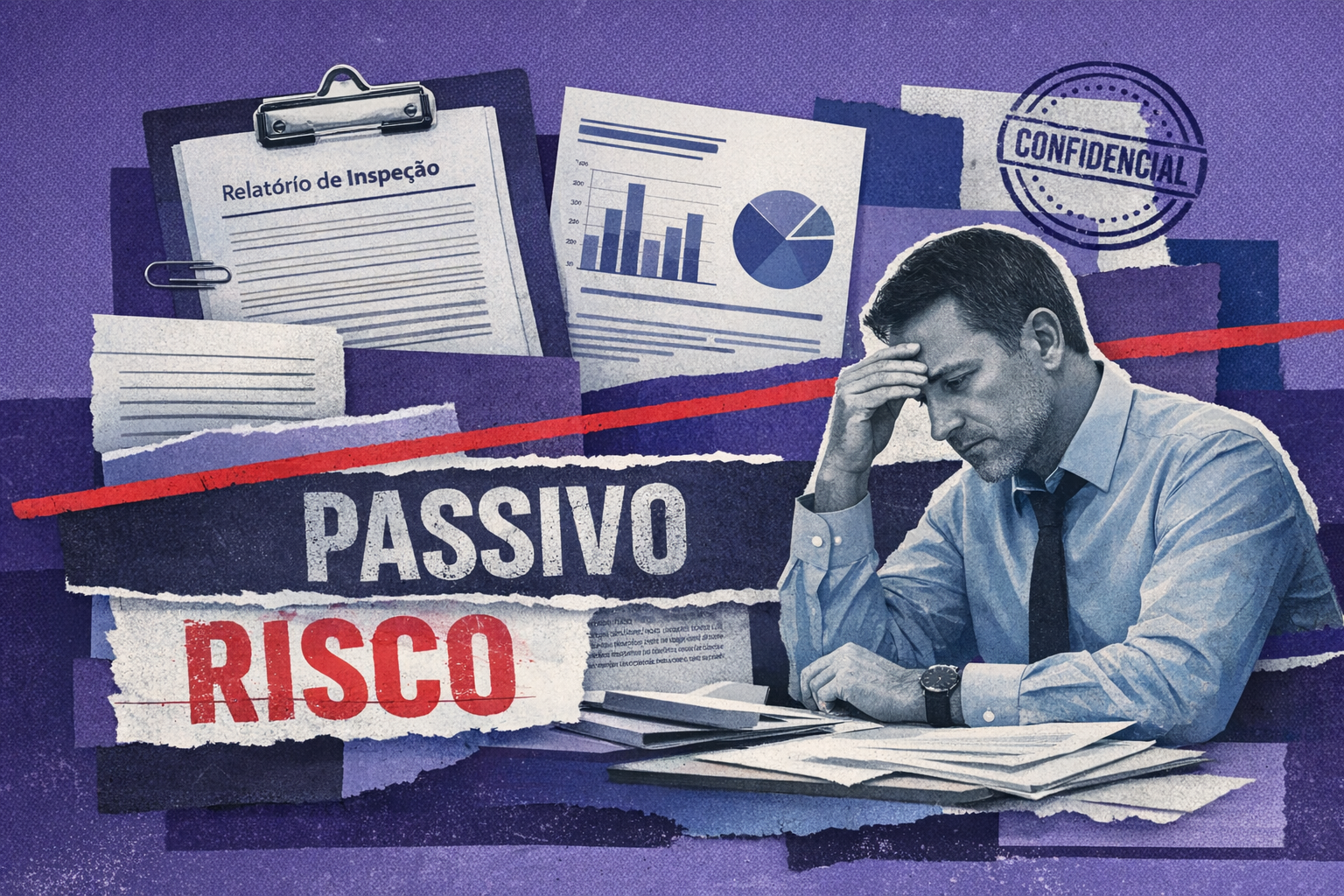 Colagem corporativa em tons roxos e azuis representando documentos, gestor e camadas de risco jurídico relacionados à fiscalização educativa da NR-1 e aos riscos psicossociais.