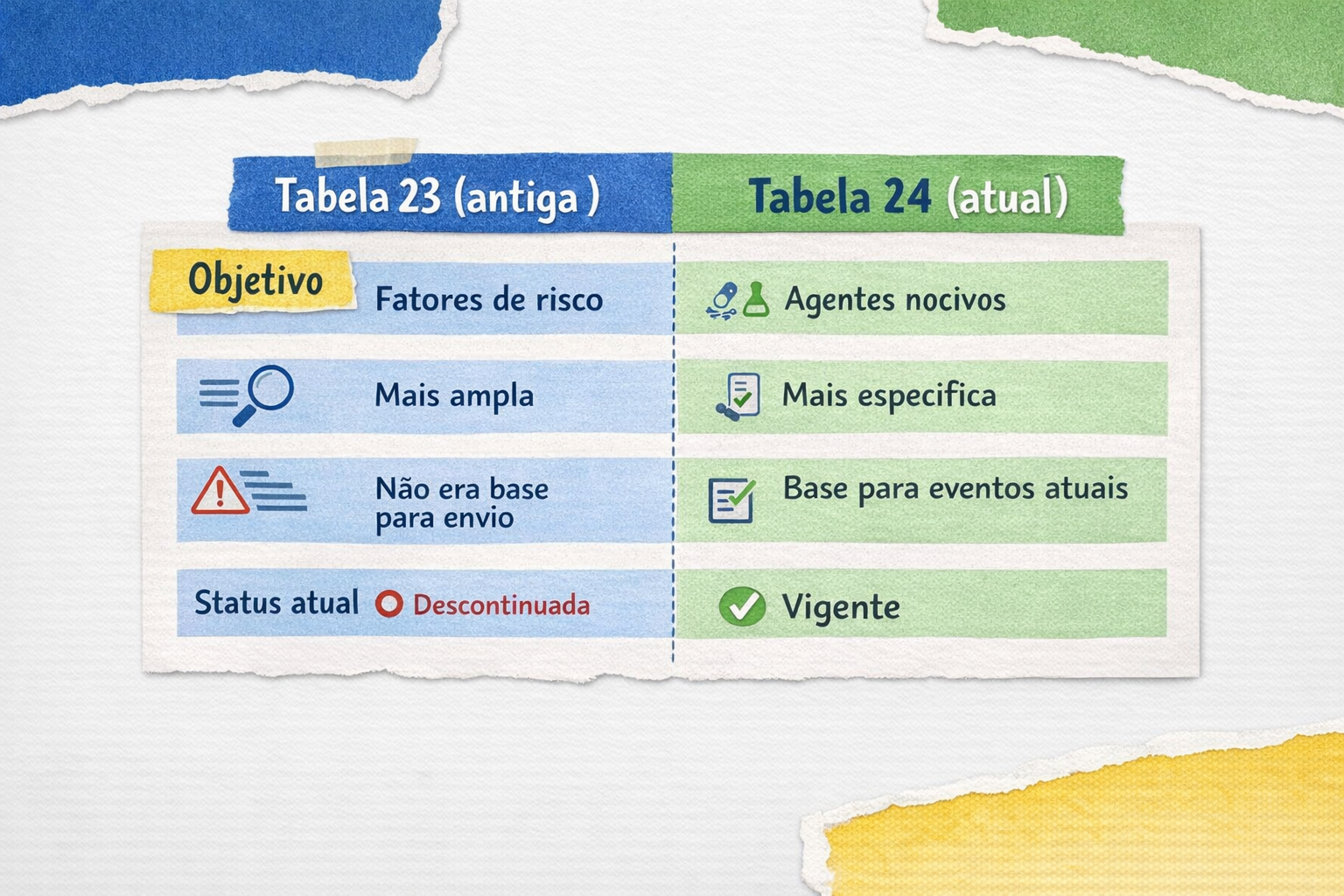 Tabela comparativa em estilo colagem entre a Tabela 23 e a Tabela 24 do eSocial. A Tabela 23, descontinuada, é apresentada como referência de fatores de risco, enquanto a Tabela 24, vigente, é mostrada como base atual para agentes nocivos e envio de eventos ao eSocial.
