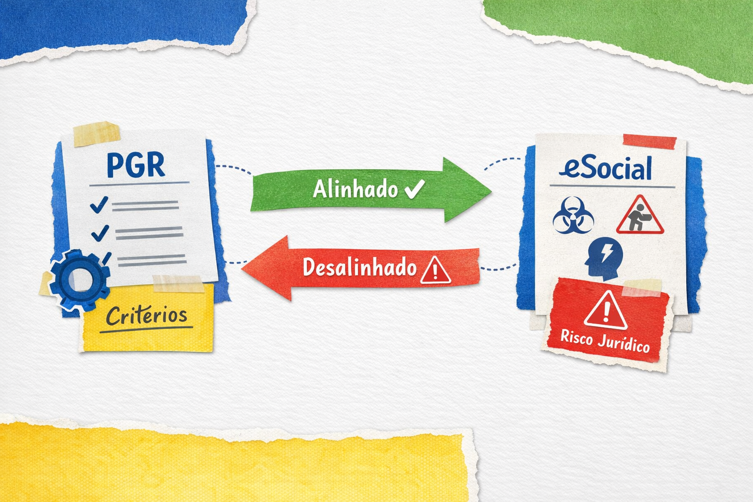 Diagrama em estilo colagem mostrando a relação entre PGR e eSocial. À esquerda, um documento PGR com critérios técnicos; à direita, um documento do eSocial com ícones de riscos ocupacionais. Entre eles, setas indicam dois cenários: alinhamento correto e desalinhamento, este último associado a risco jurídico.