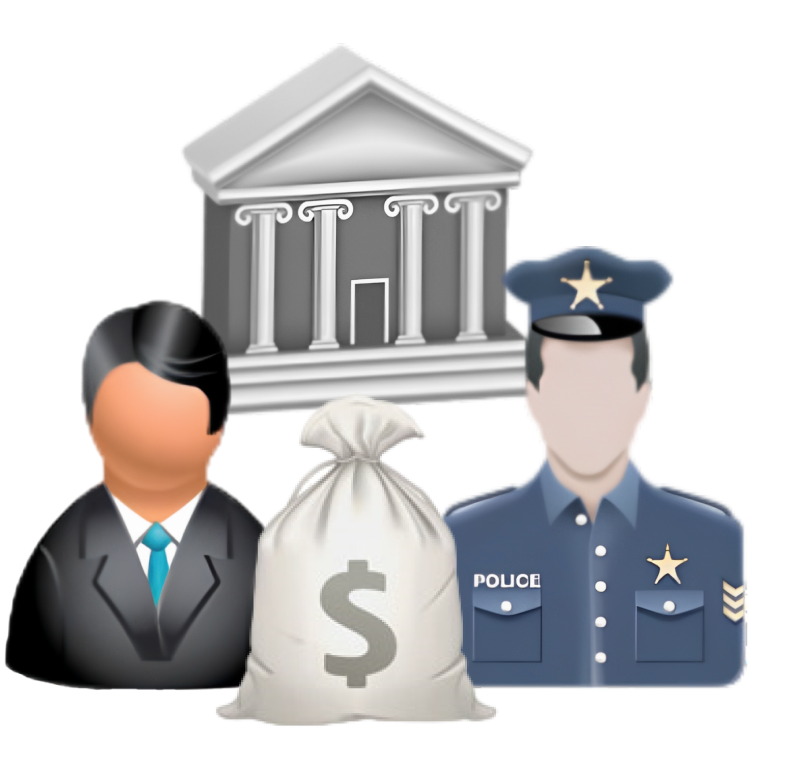 hero image of policeman, lawyer, courthouse and bag of money