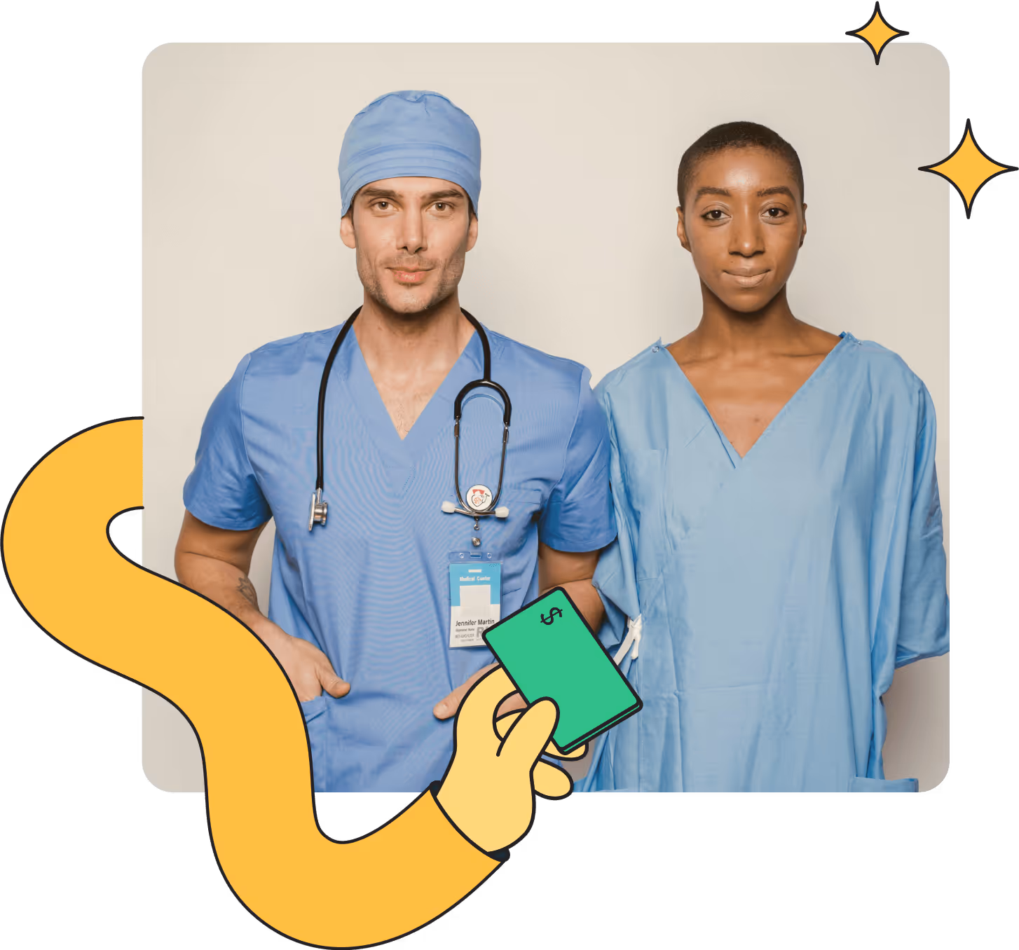 Male healthcare worker in blue scrubs and cap with stethoscope and female patient in hospital gown standing side by side.