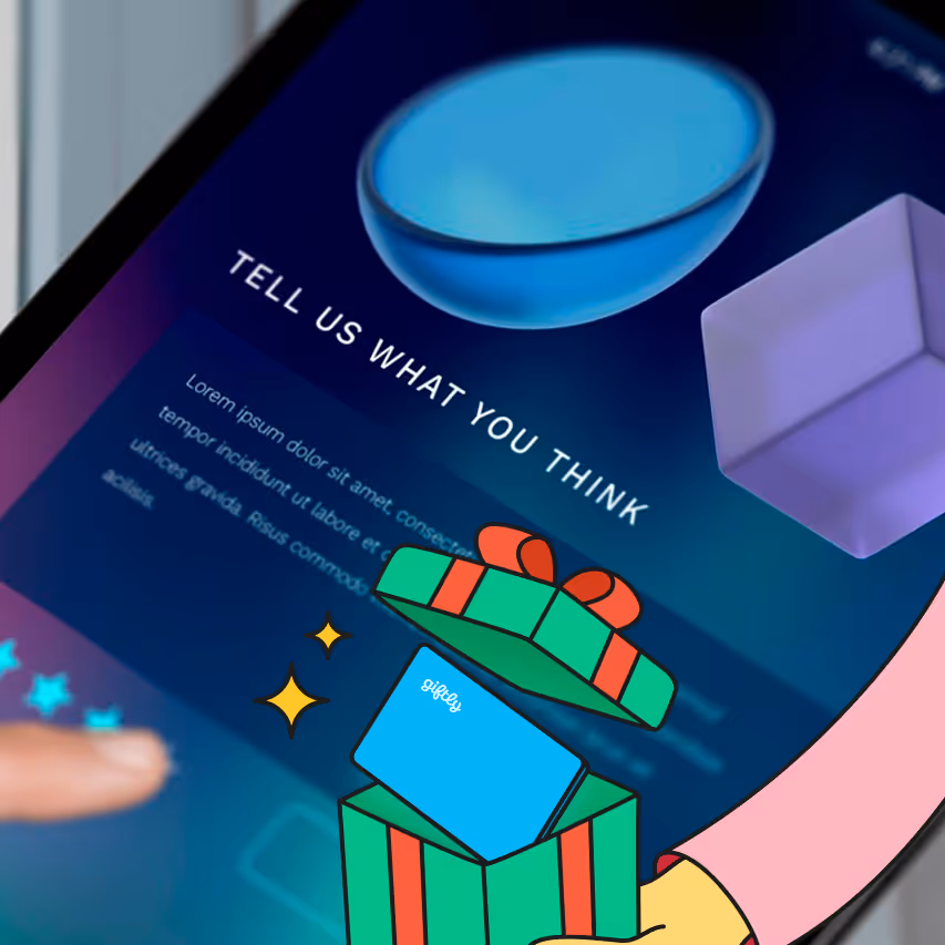 Tablet screen displaying a feedback form titled 'TELL US WHAT YOU THINK' with blurred text, a finger pointing to star rating, and an illustrated hand holding a green gift box with a blue card inside.