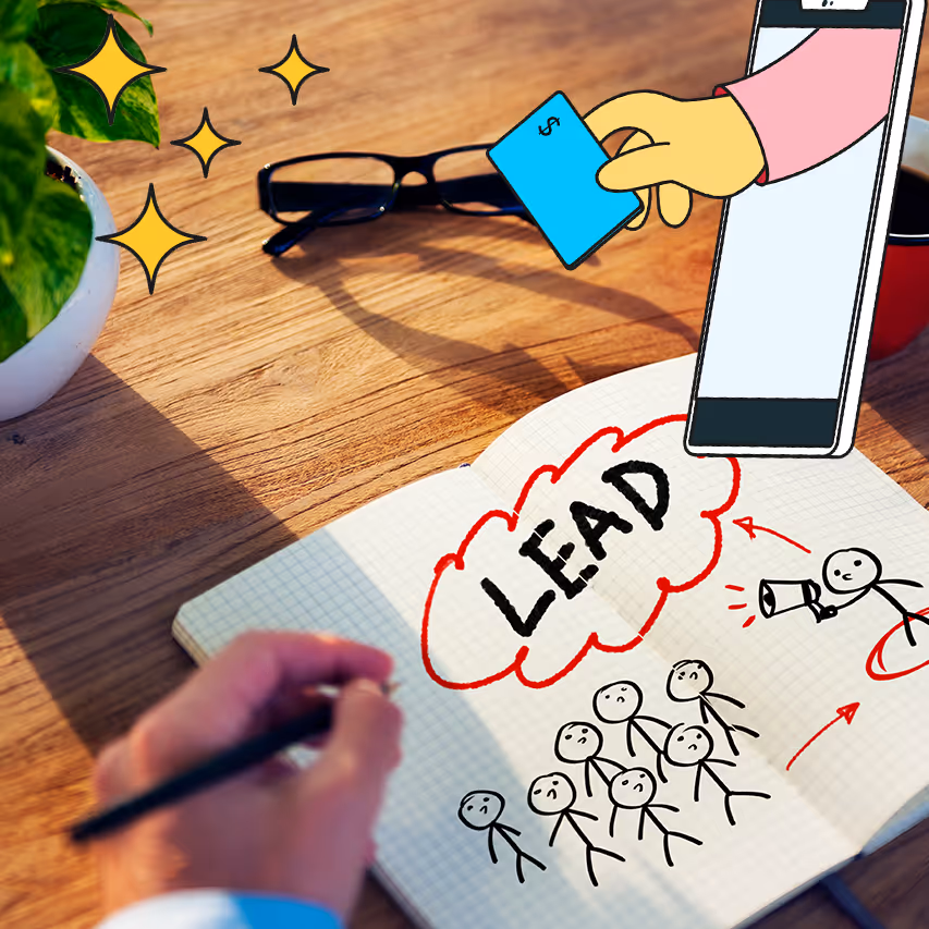 Notebook on wooden desk with cartoon drawings of stick figures, the word 'LEAD' circled in red, a smartphone hand holding a blue card, a green plant, and a pair of glasses.