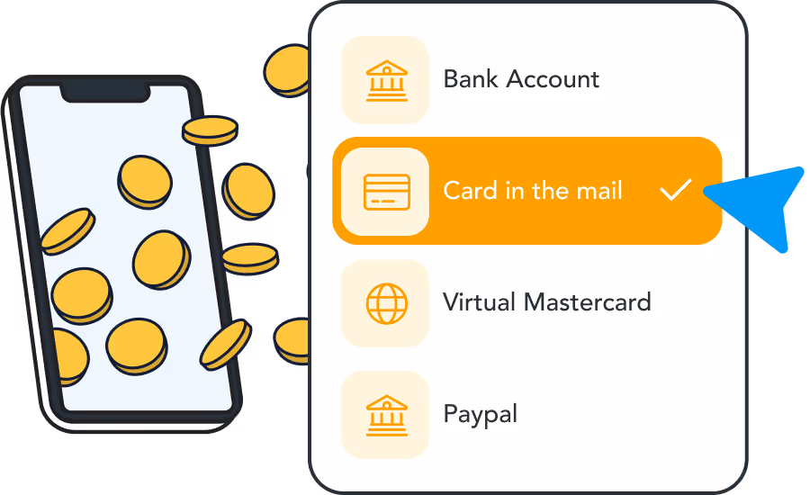 Illustration of a phone with coins falling out and a menu showing payment options with 'Card in the mail' selected.