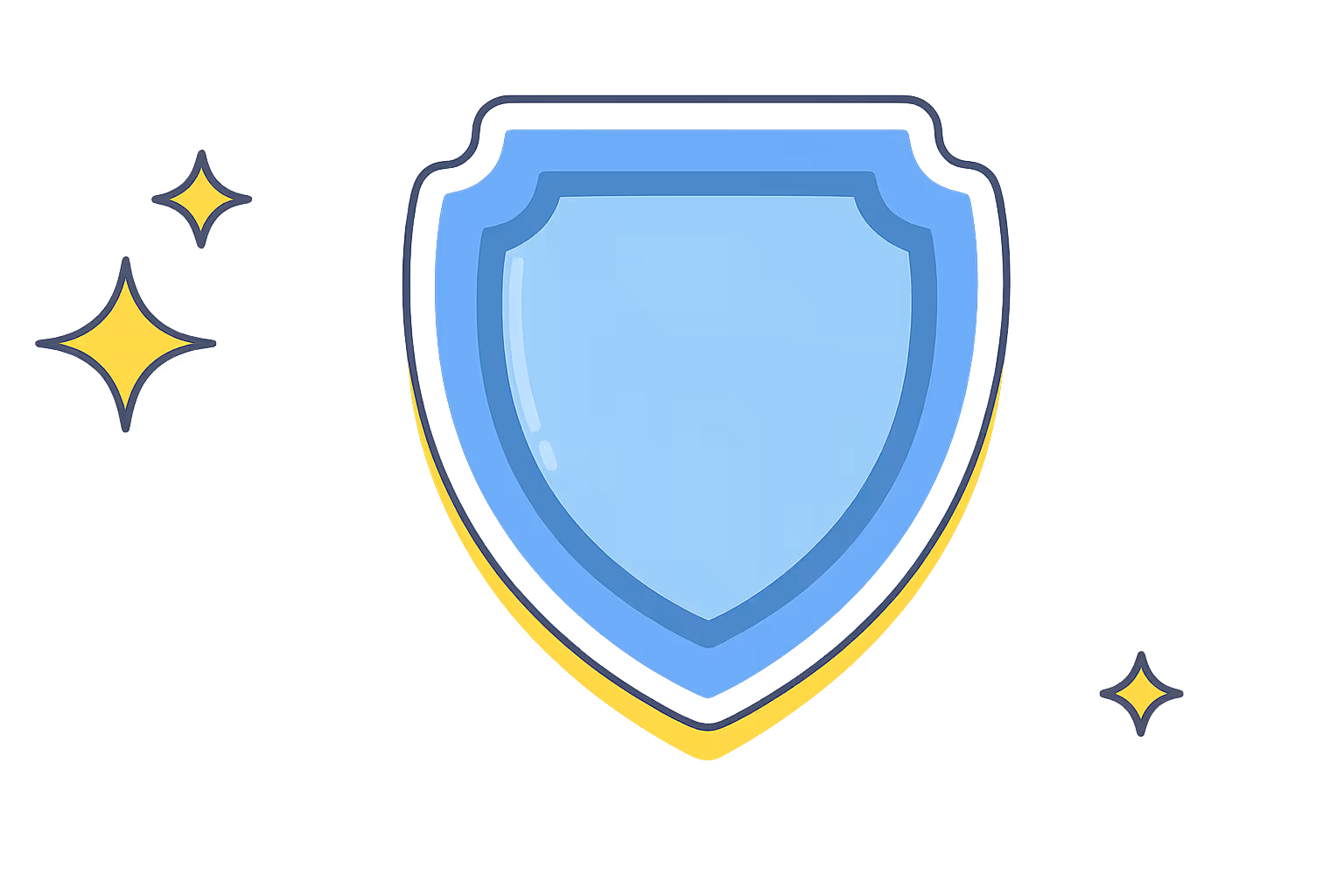Blue shield icon with a yellow glow and three yellow sparkles around it on a dark background.