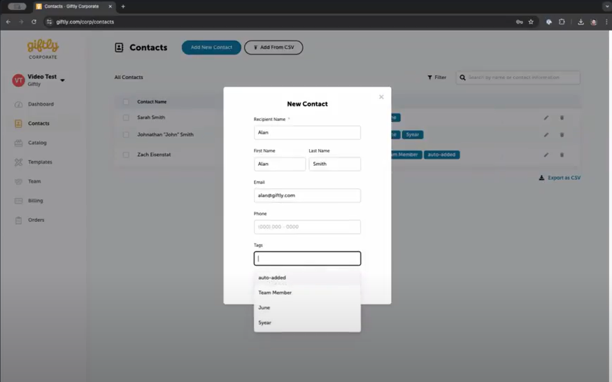 Screenshot of Giftly dashboard showing how to import and manage recepient lists