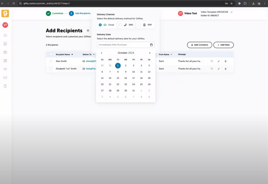 Scheduled delivery on Giftly's dashboard