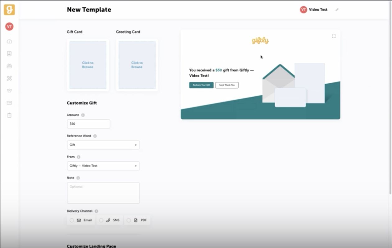 A screenshot of Giftly's branded templates