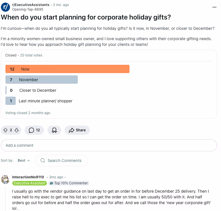 A screenshot of a Reddit poll about corporate holiday gifts