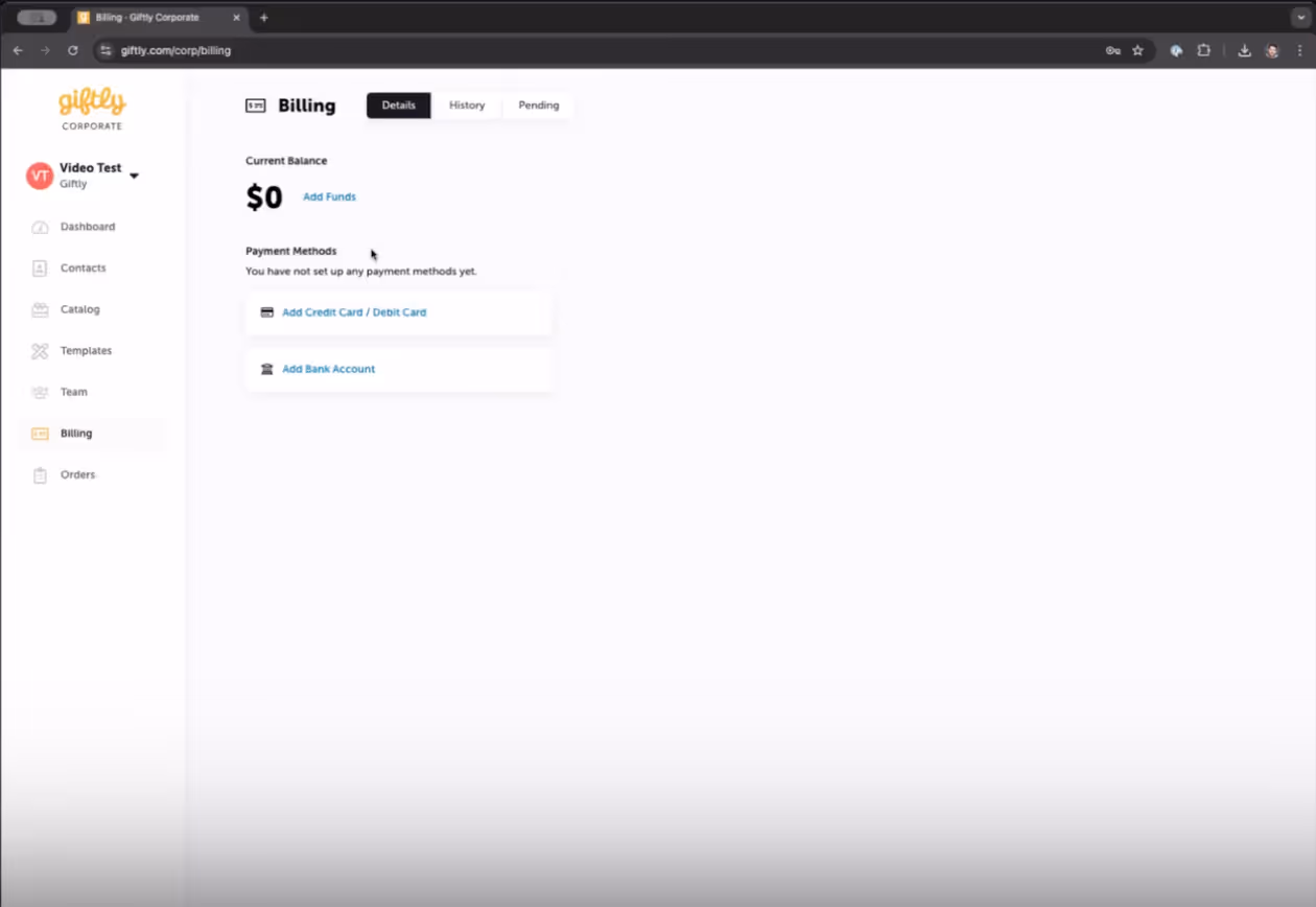 Screenshot showing Giftly billing history