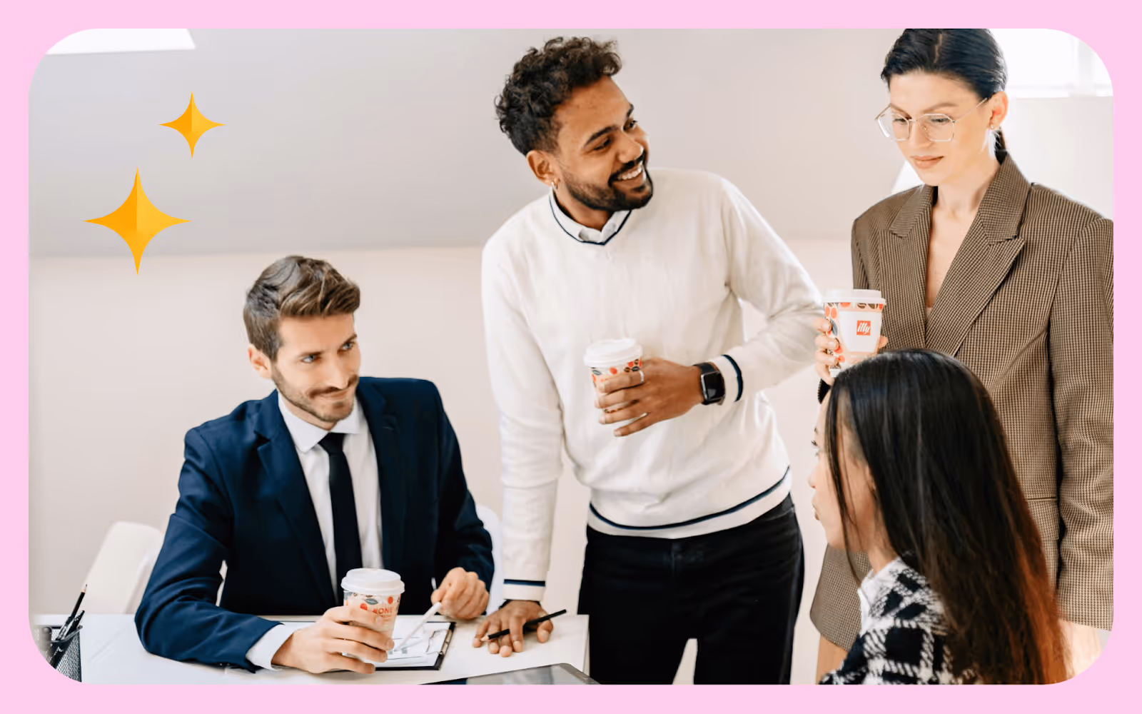Four Gen Z employees chat about work over coffee