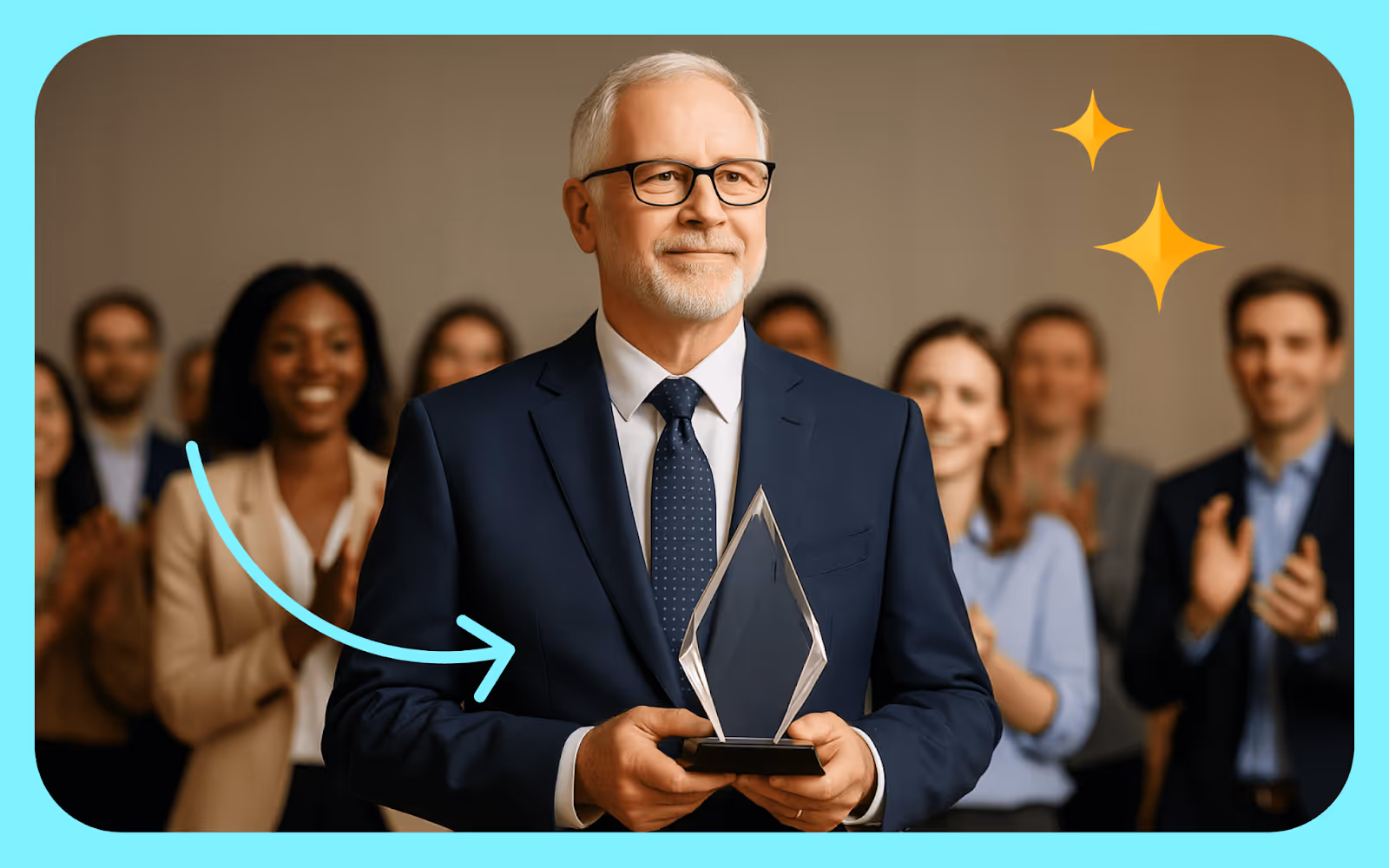 An older employee is congratulated for his years of service.