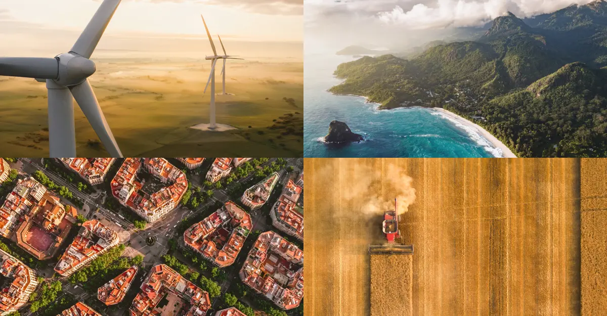 Diverse uses of drones in industries such as energy, agriculture, and filmmaking.