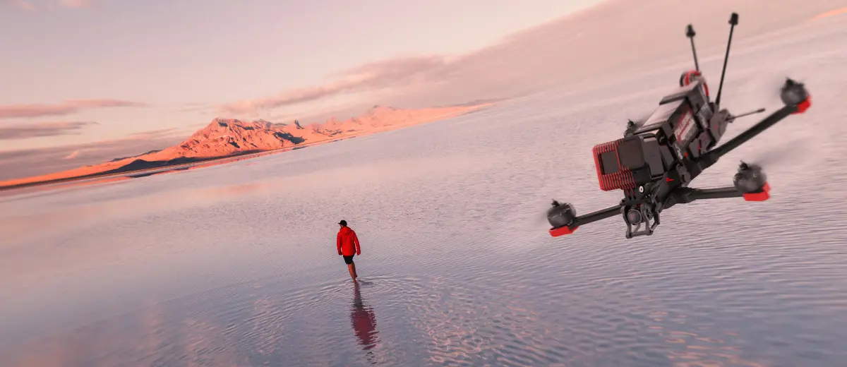 FPV drone racing in action, following a person in a lake.