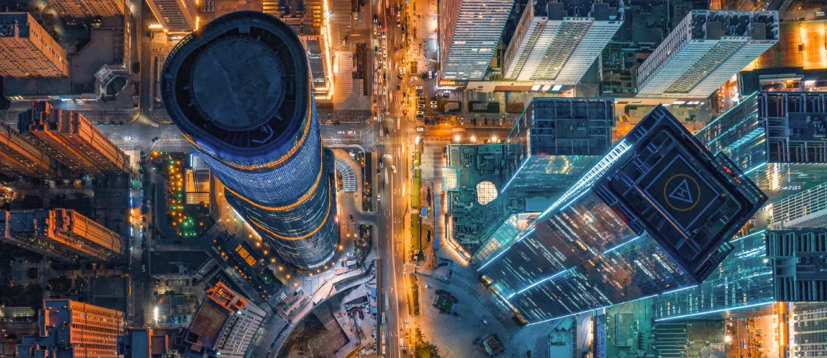 Futuristic city drone photo, innovation and quality of drone technology.