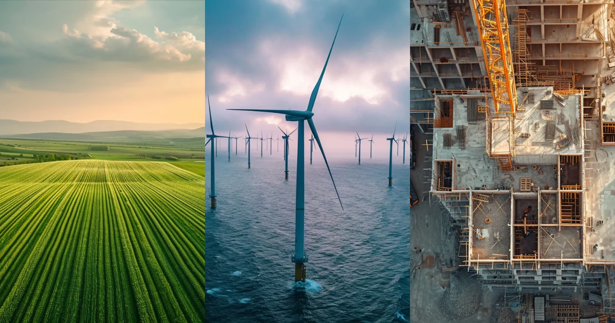 Drone photography of the main benefits of drones: precision agriculture, energy inspections, and construction monitoring.