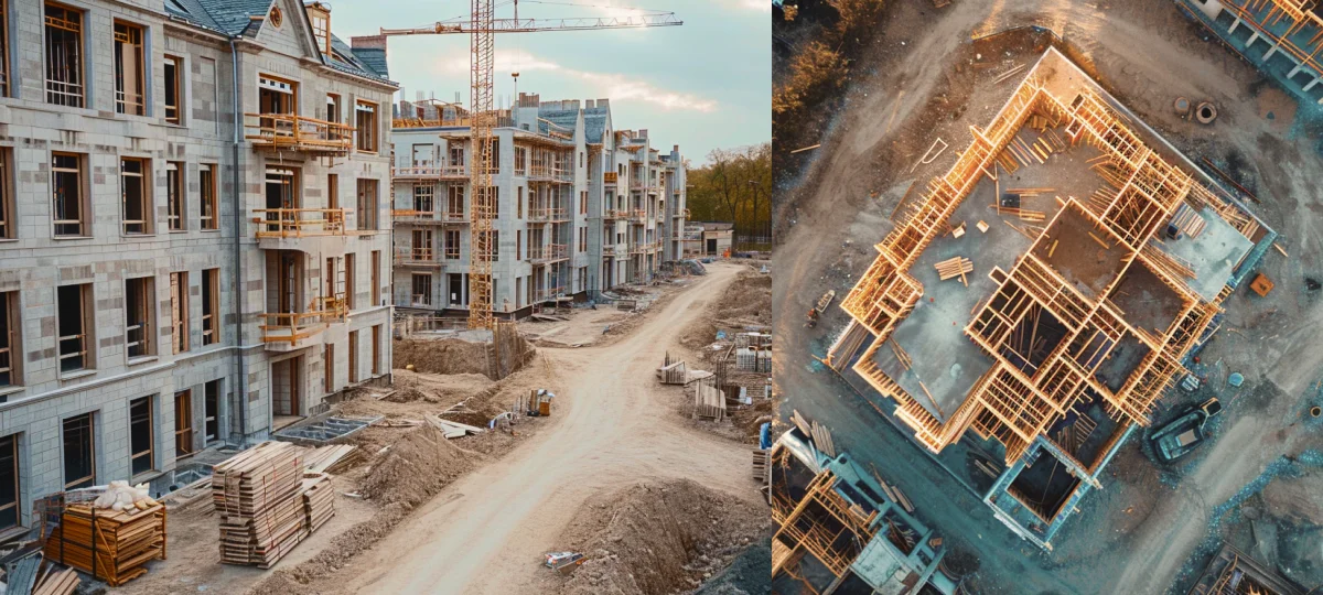 Two aerial views of a construction site, the facade of a building, and the top-down perspective of a construction in progress.
