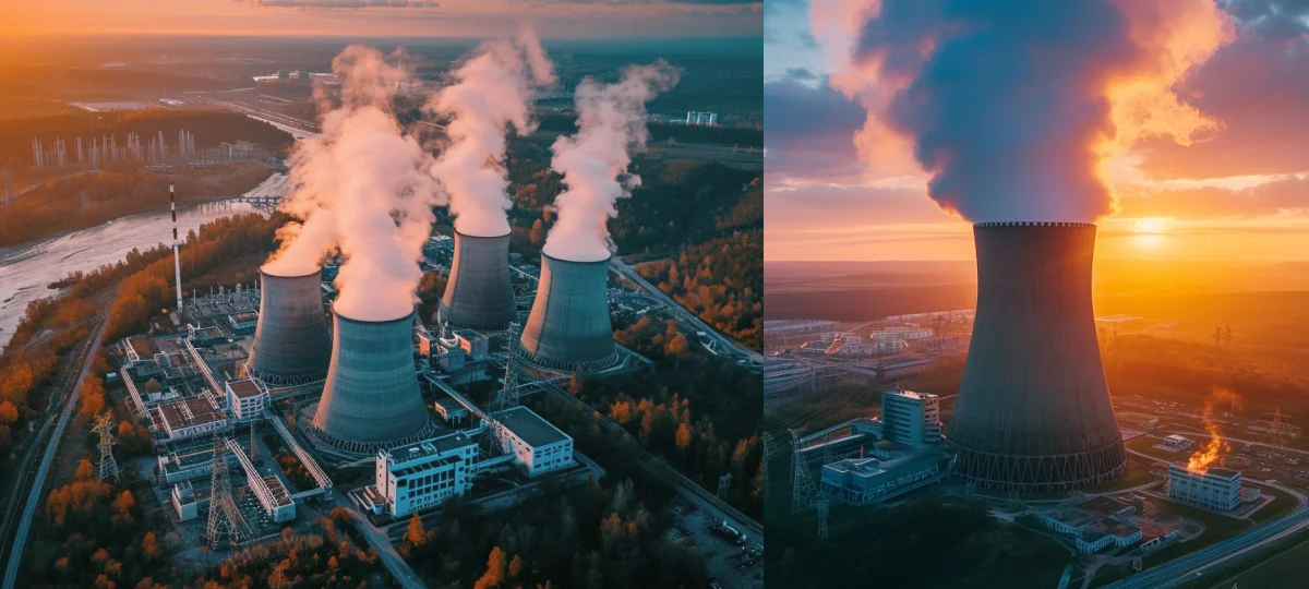 Drone view of a nuclear power plant with a cloudy sky and the sun setting behind it, the natural landscape contrasts with the nuclear site.
