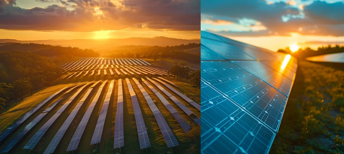 Two views of a solar energy plant, a drone view for inspecting the panels, and a close-up for detailed imagery.