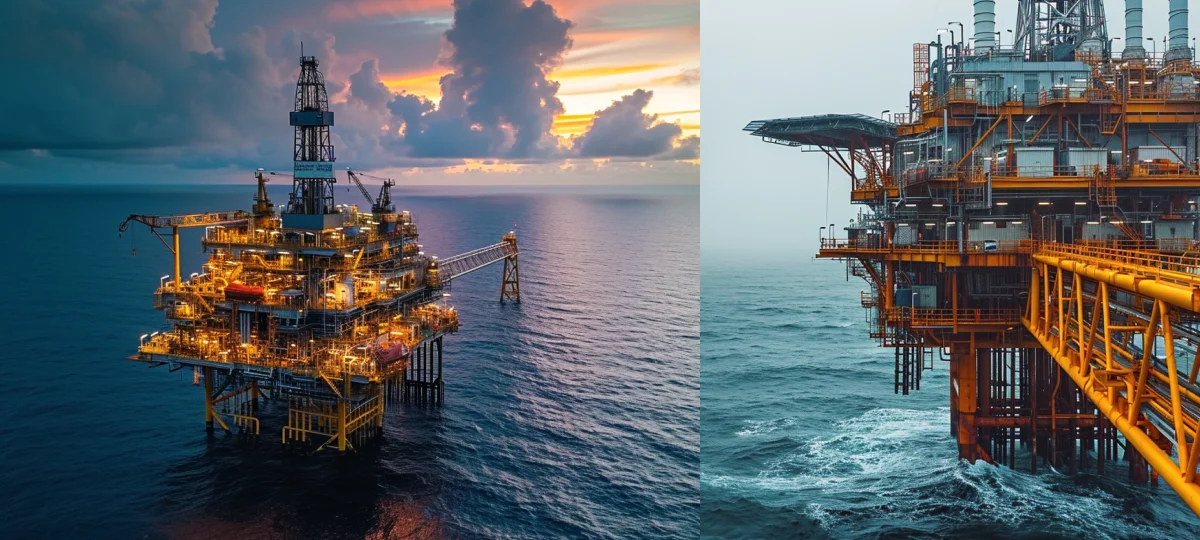 A drone view of offshore infrastructure in the middle of the sea.