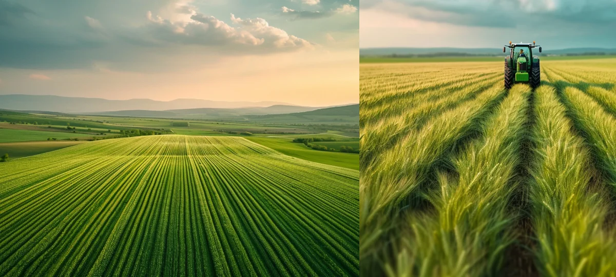 An agriculture drone view showcases green wheat fields with perfect lines thanks to precision agriculture.