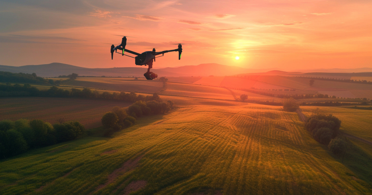A drone surveying fields for professional agriculture drone services.