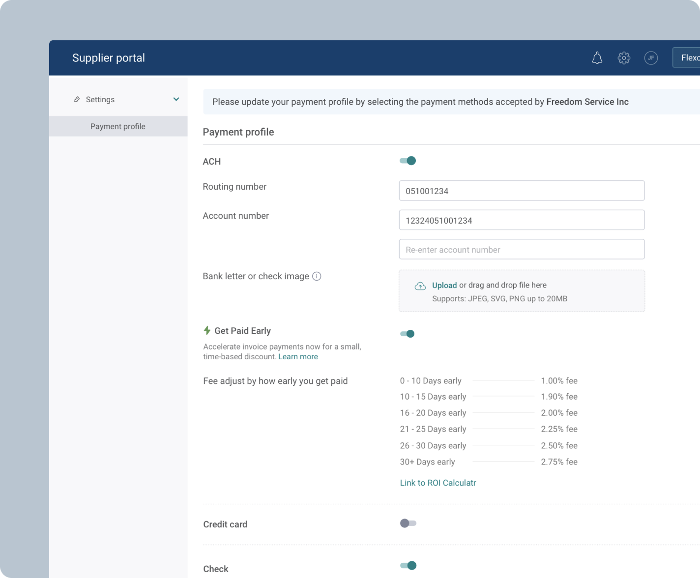 Supplier portal showing payment preferences and dynamic discount calculator